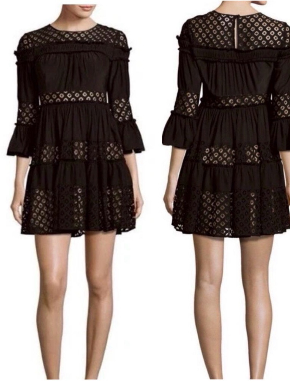 NWT! Cinq a Sept Octavia Smocked Black Mini Dress Eyelet in Size: 6